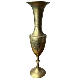 Vintage Solid Brass Floral Etched Vase Made In India 10"